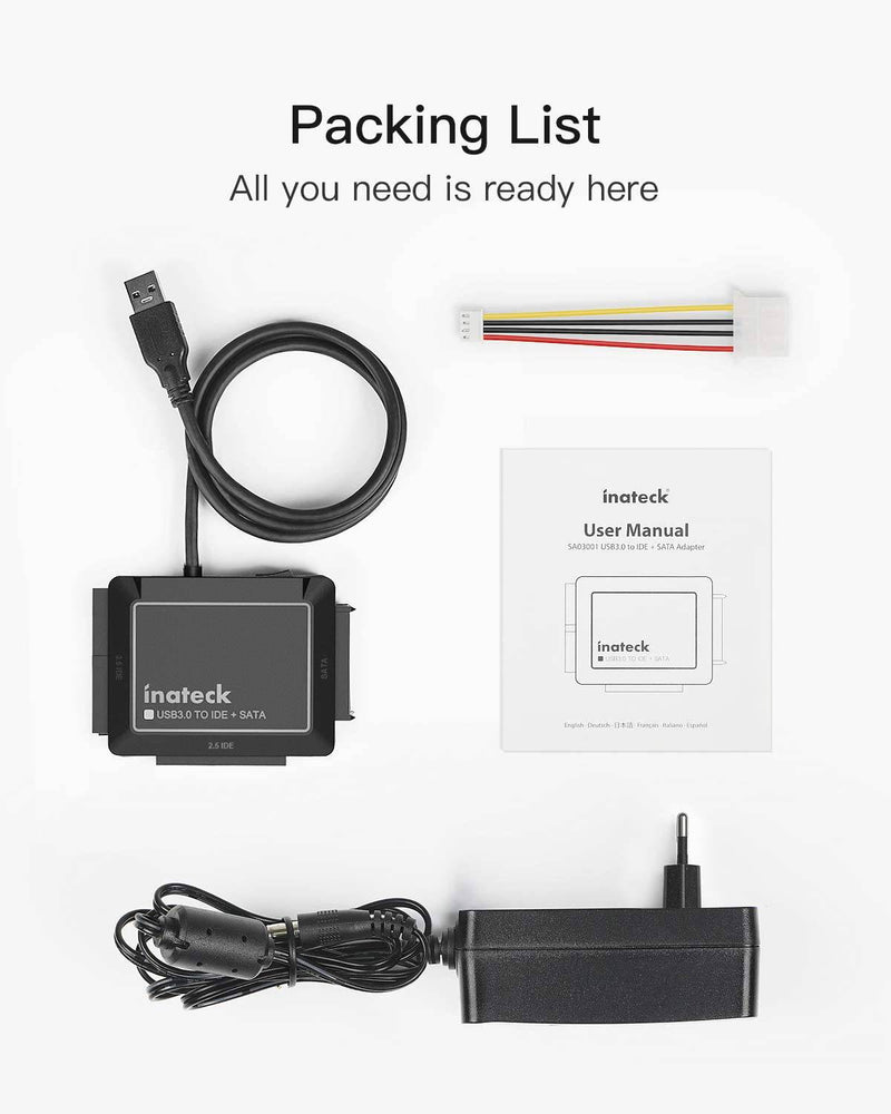 Inateck USB 3.0 to IDE/SATA External Hard Drive Reader Applicable to 2.5"/3.5" HDD/SSD, with 12V/2A Power Supply, SA03001