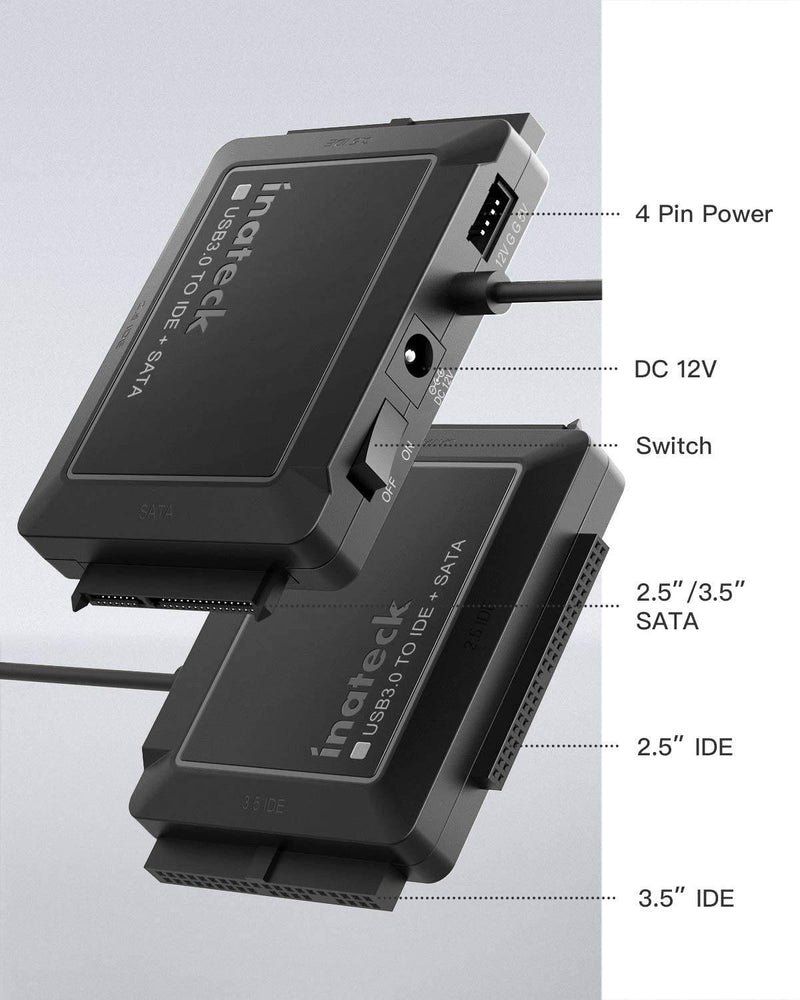Inateck USB 3.0 to IDE/SATA External Hard Drive Reader Applicable to 2.5"/3.5" HDD/SSD, with 12V/2A Power Supply, SA03001