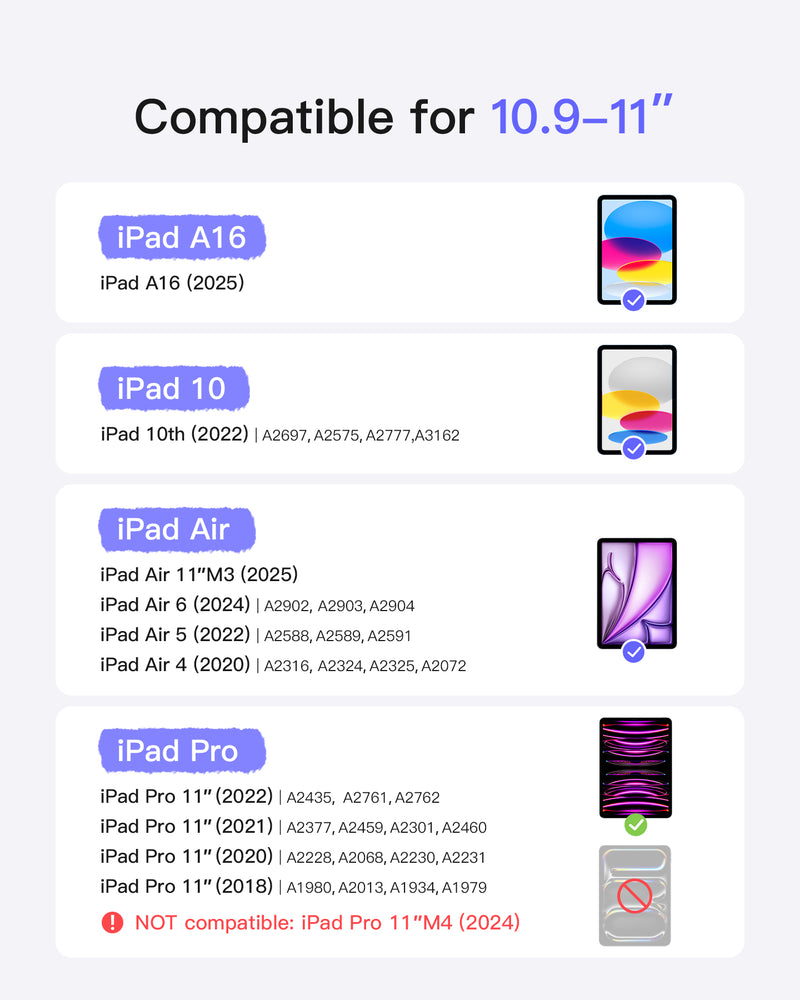 Detachable Keyboard for iPad 11" (A16 2025), iPad 10, iPad Air 11" M3/M2 (2025/2024), iPad Air 7/6/5/4, iPad Pro 11" 4/3/2/1, KB04002