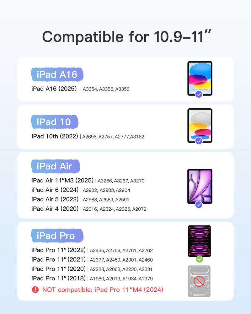Detachable Keyboard for iPad Air 11" M3/M2 (2025/2024), iPad Air 6/5/4, iPad Pro 11" 4/3/2/1, iPad 11" (A16 2025), iPad 10, KB04122