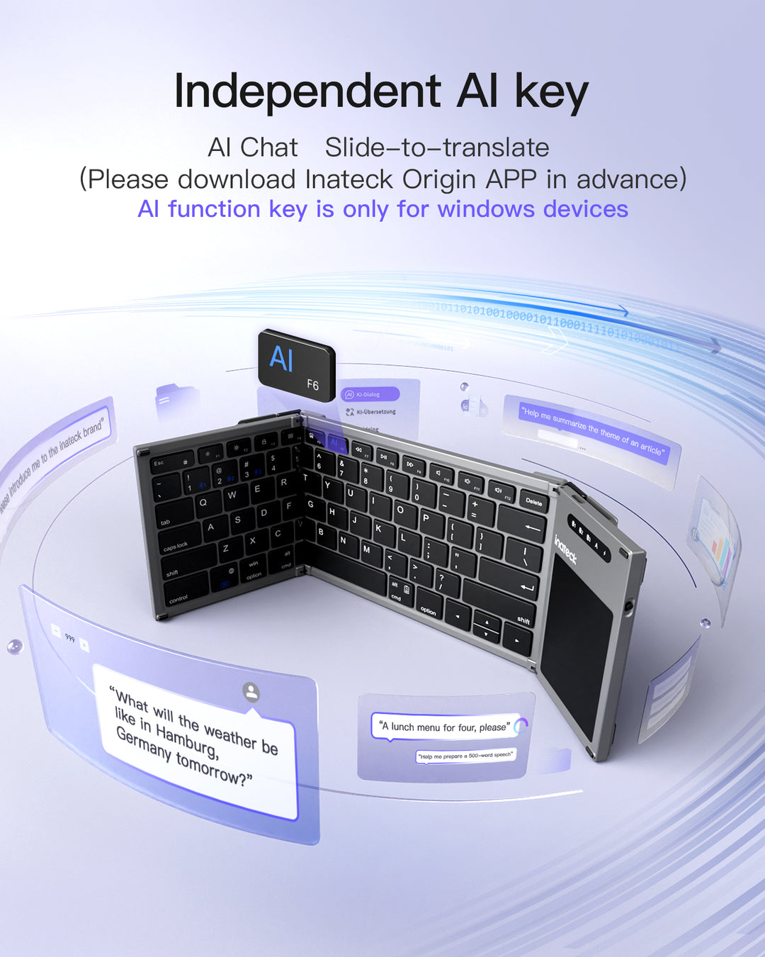 Inateck AI Foldable Keyboard, Bluetooth, Compatible with iOS, Android, Windows, KB06101