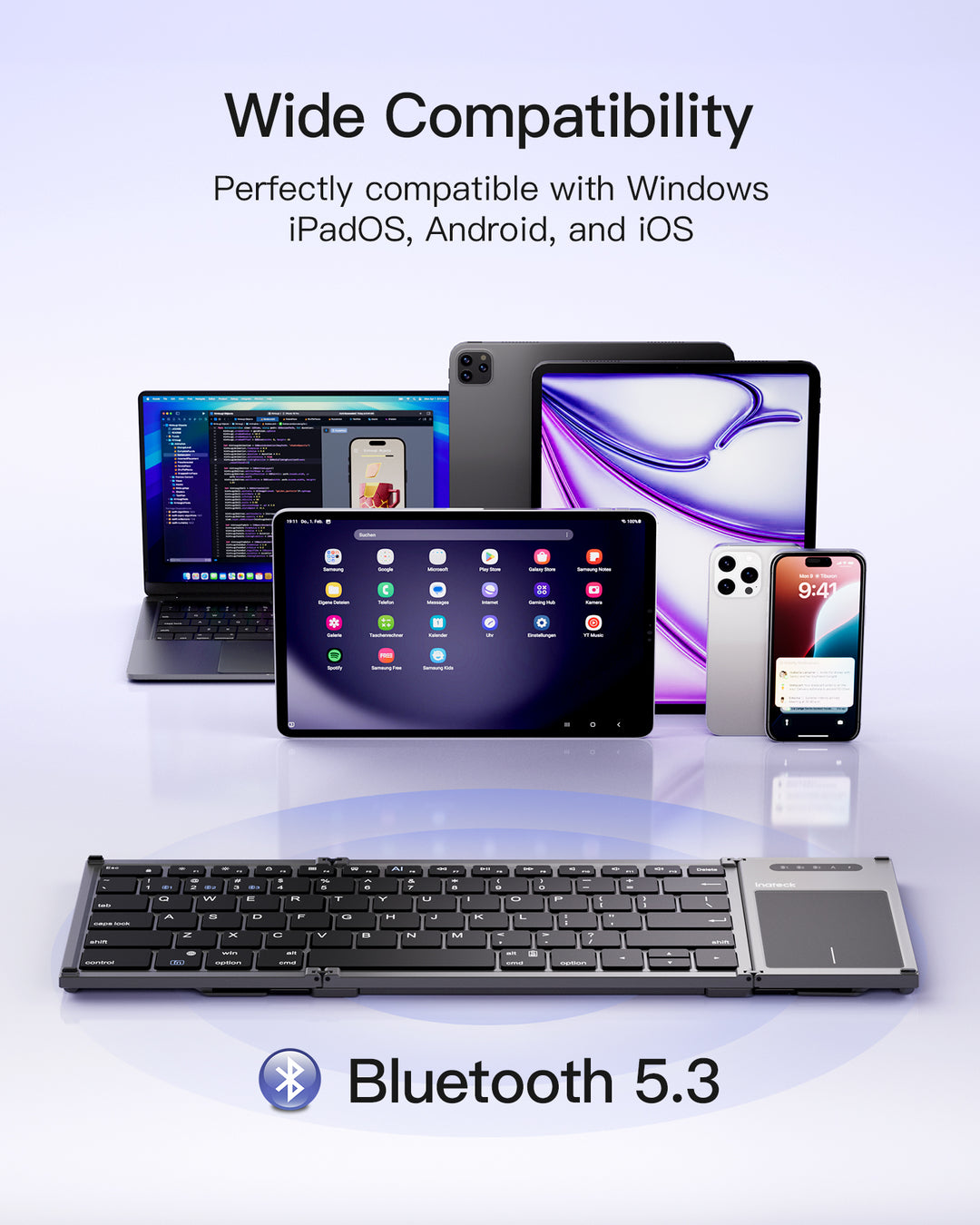 Inateck AI Foldable Keyboard, Bluetooth, Compatible with iOS, Android, Windows, KB06101