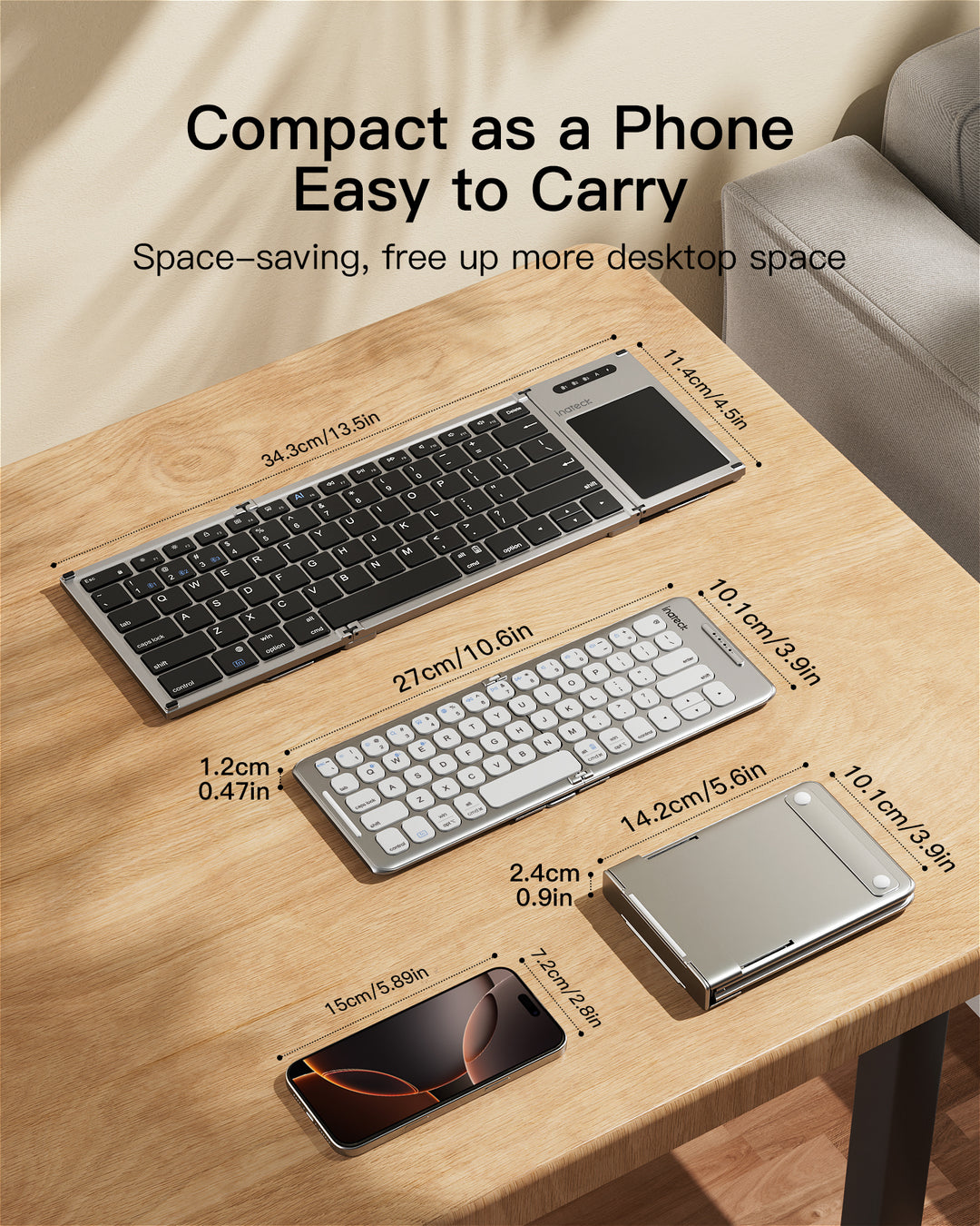 Inateck Foldable Keyboard QWERTZ, Mini Portable with 3 Bluetooth, for iPad/iOS/Samsung/Android/Windows, KB06001