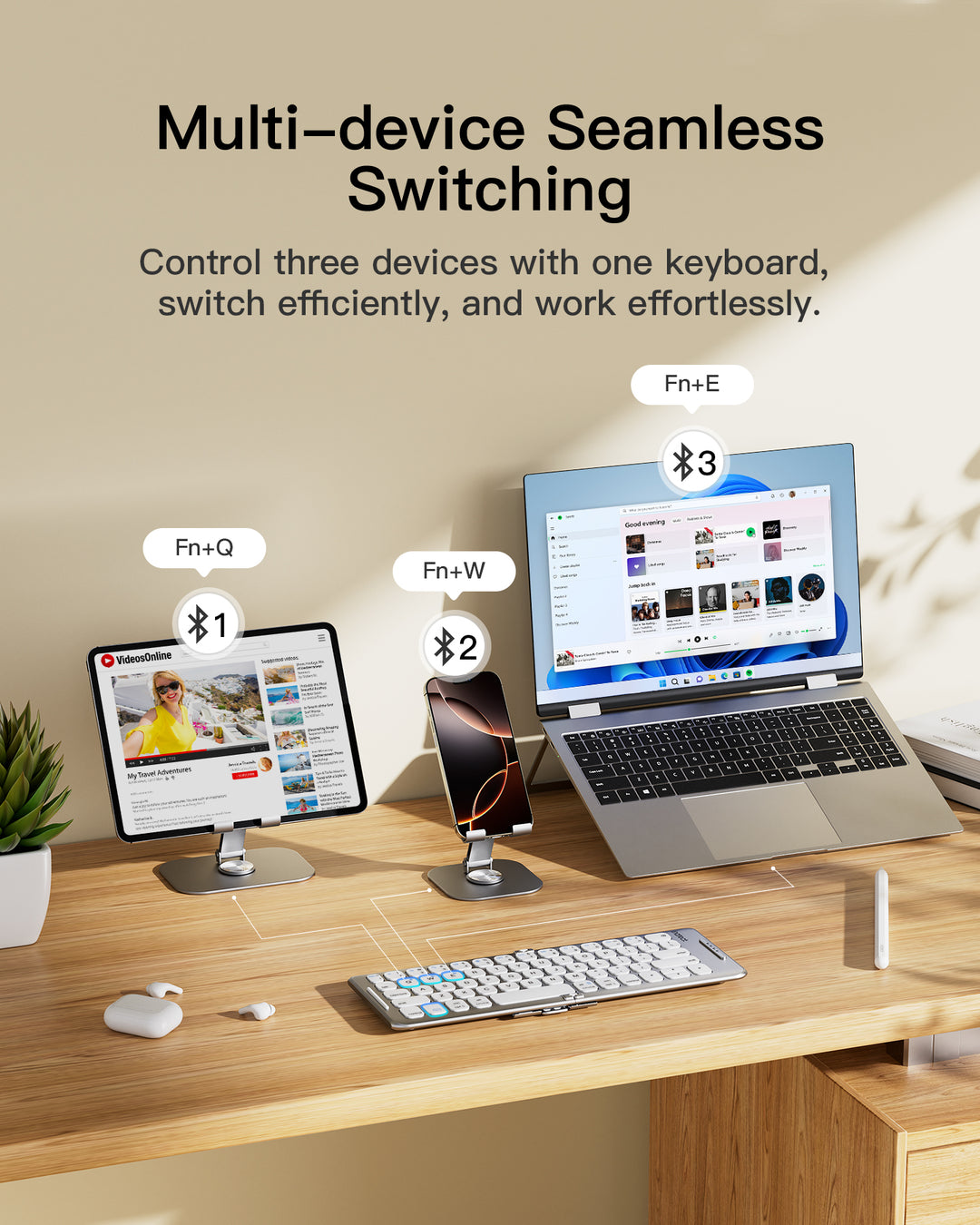 Inateck Foldable Keyboard QWERTZ, Mini Portable with 3 Bluetooth, for iPad/iOS/Samsung/Android/Windows, KB06001