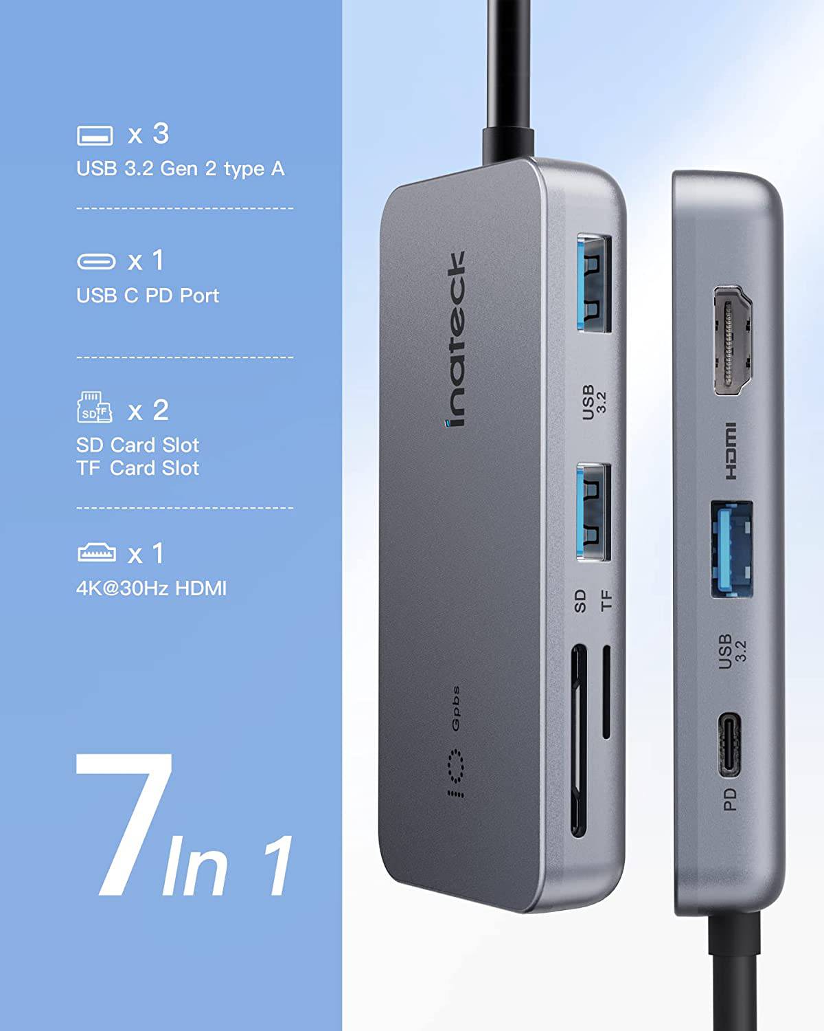 Inateck 7-in-1 USB 3.2 Gen 2 Hub with HDMI Port, SD/TF Card Slot, HB2027