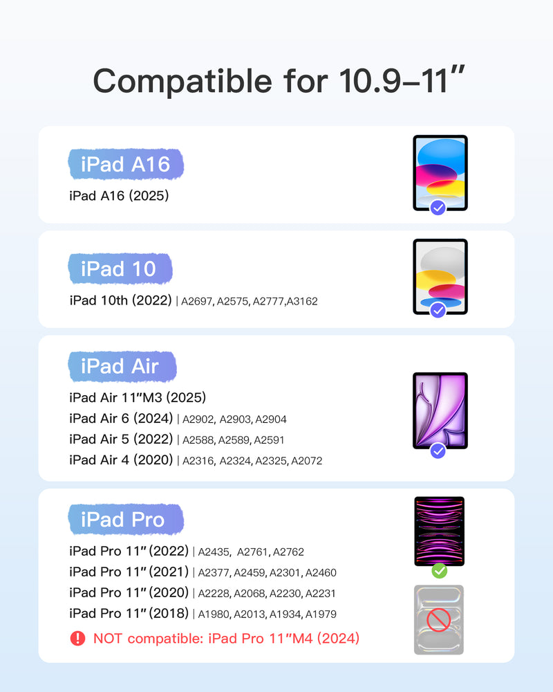 Detachable Keyboard for iPad Air 11" M3/M2 (2025/2024), iPad Air 6/5/4, iPad Pro 11" 4/3/2/1, iPad 11" (A16 2025), iPad 10, KB04122