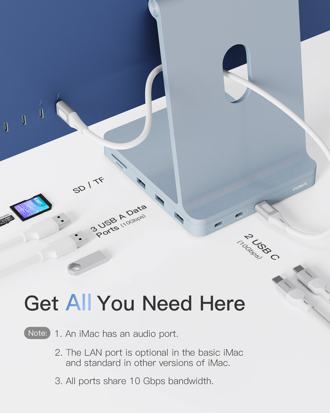 Inateck 8-in-1 iMac 24" 2021 Docking Station, USB 3.2 Gen 2, DK2001